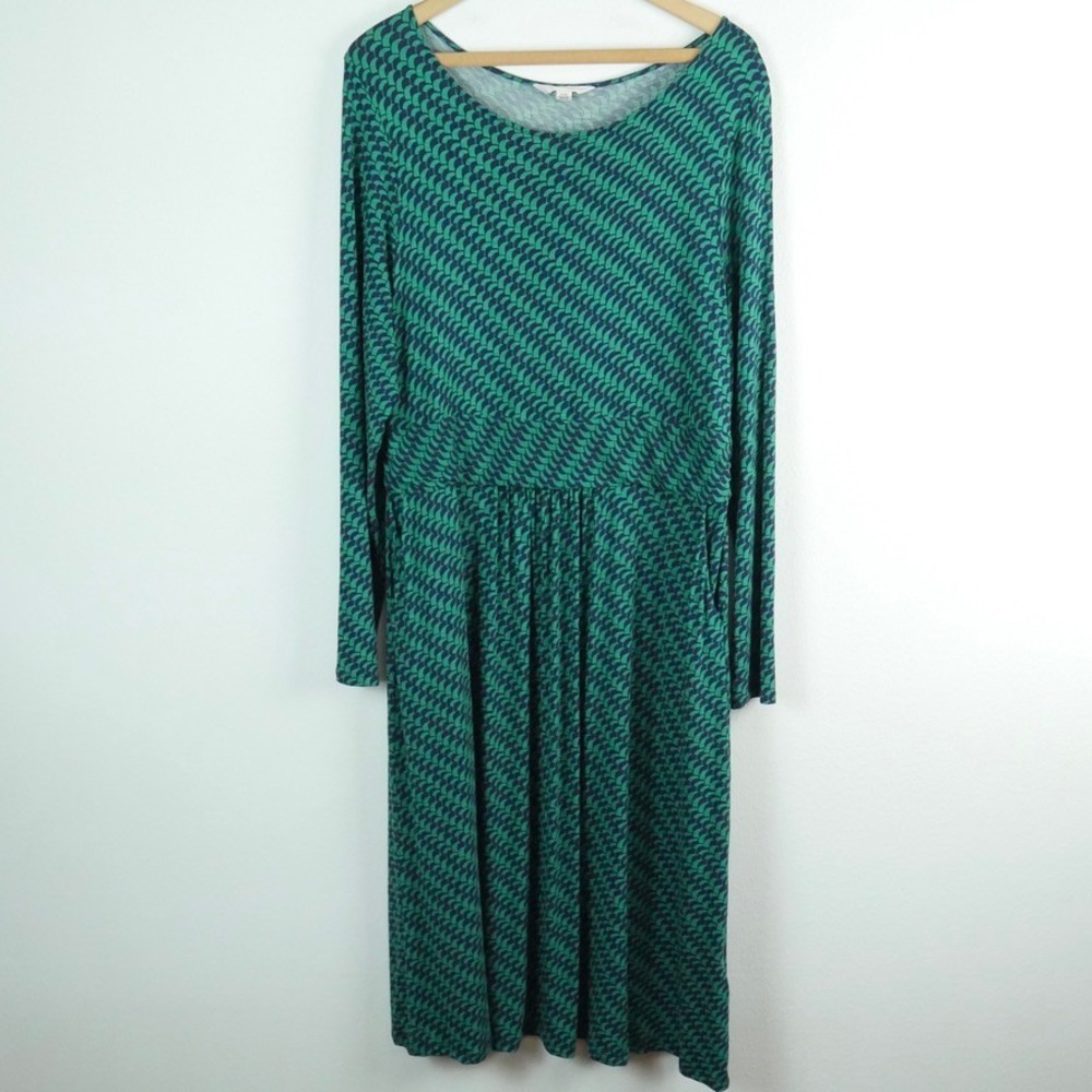 Boden Green Navy Geometric Print Jersey Dress Long Sleeve Pockets US 16 18 L